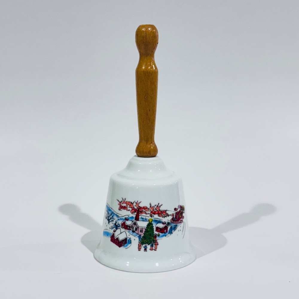 Vintage Porcelain Christmas Bell W Wooden Handle 8.5in Santa Sleigh Reindeer